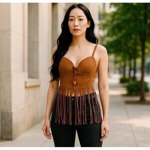 Spirit Faux Suede Fringe Corset Top M Tank Festival Hippie Boho Western Rodeo